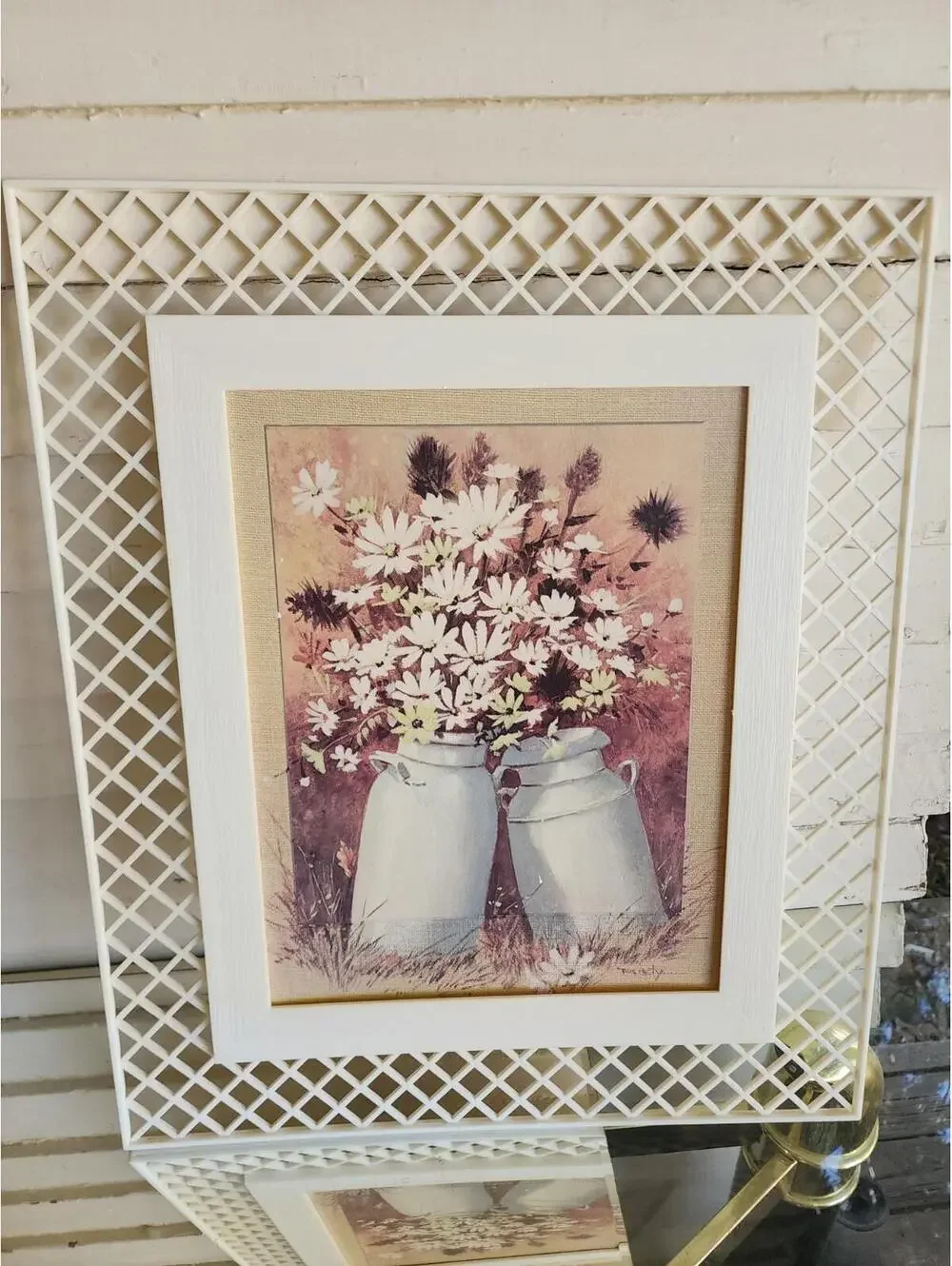 Vintage Framed Retro Floral Lithographs in Plastic Lattice Style Frames